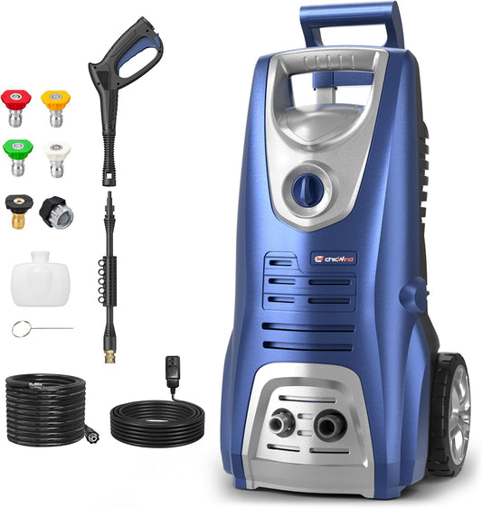 1600W Washer with 5Nozzles Set&Foam Cannon,16ft Hose,Adjustable Handle,Power Washer for Driveways, Cars, Fences, Decks, Patios&Outdoor Cleaning