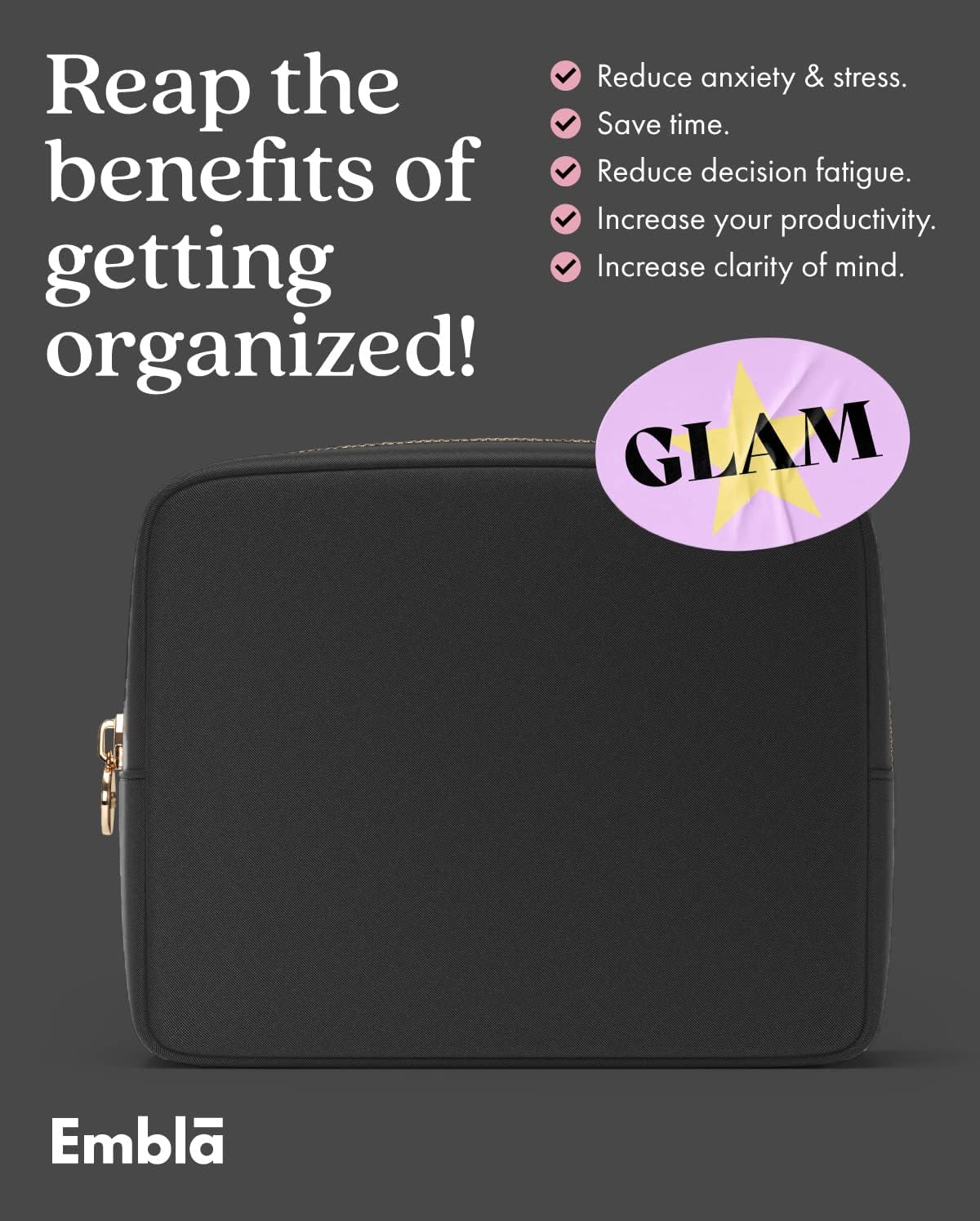 Embla Makeup Bag Travel Cosmetics Pouch and Toiletry Bag, Nylon Zipper Pouch Purse, Cute Make Up Organizer Storage Tote for Women Girls, Waterproof Travel Skincare Case, Large Makeup Bags, Black