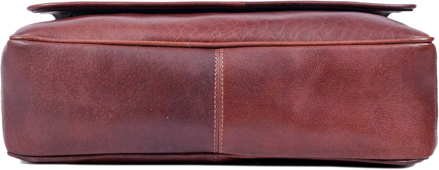 16" Crossbody Bag Leather Laptop Messenger Bag For Men with trolley sleeve for school office (Dark Brown)