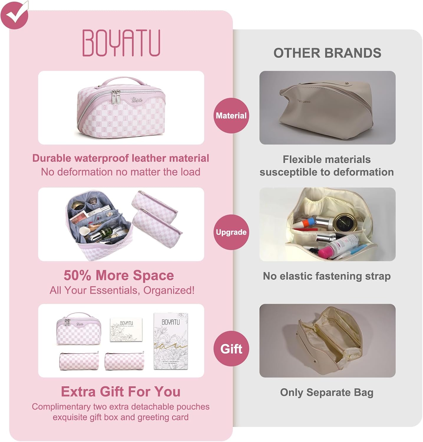 BOYATU Travel Makeup Bag Cosmetic Bags for Women: 3 Pcs Set Portable Make up Bag with Handle - Vegan Leather Toiletry Bags with Compartments - Makeup Organizer for Travel Essentials(C-5-Purple)