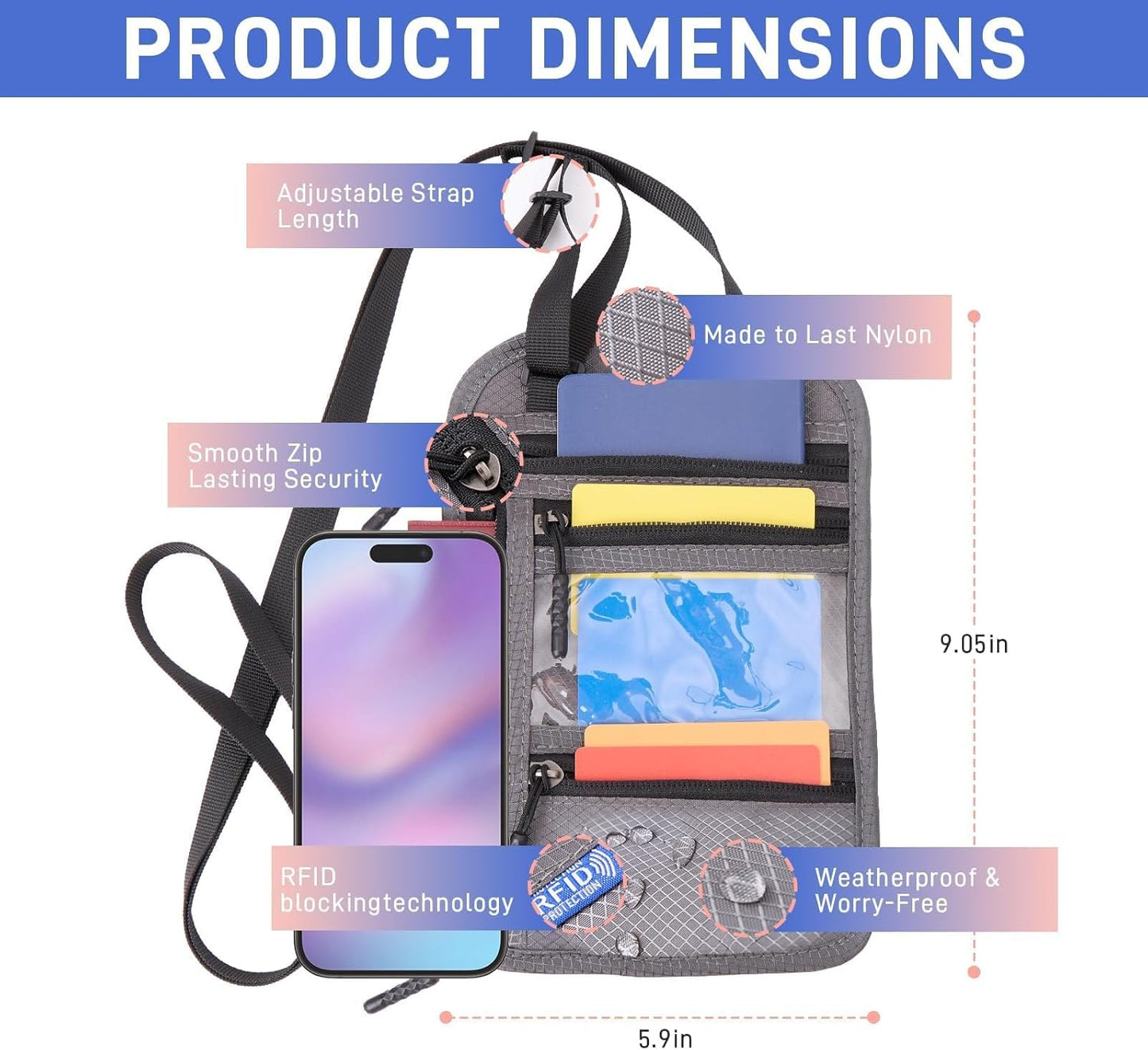 2-Pack RFID Blocking Passport Holder for Travel, Hidden Neck Wallet with Phone Pocket, Lightweight Under-Clothing Pouch Fits 7-inch phone & 2 Passports, Anti-Theft Organizer (Black & Dark Gray)