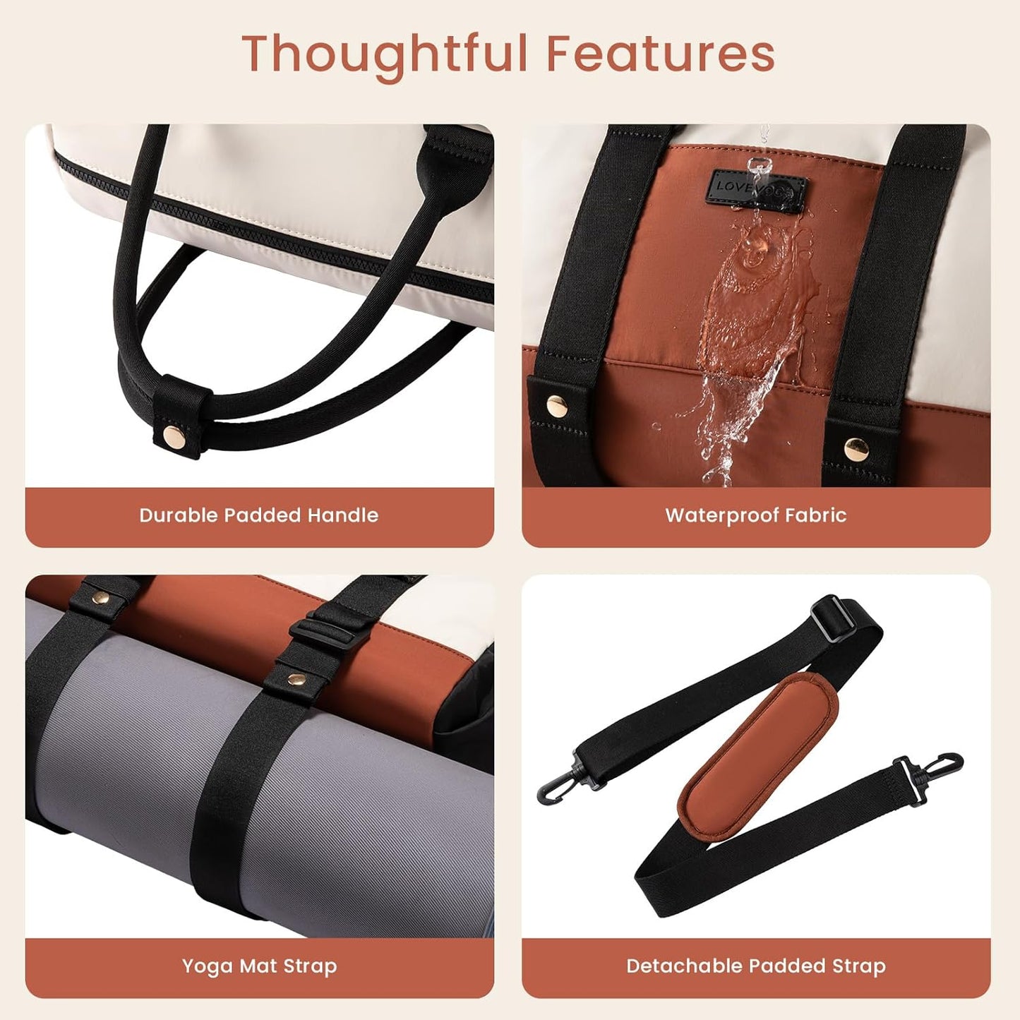 LOVEVOOK Small Gym Bag for Women with Yoga mat Holder, Mini Duffle Bag for Travel with Wet Pocket, Overnight Personal Item Bags (Black-White-Brown, 16.5 inch-Large-2Pcs)