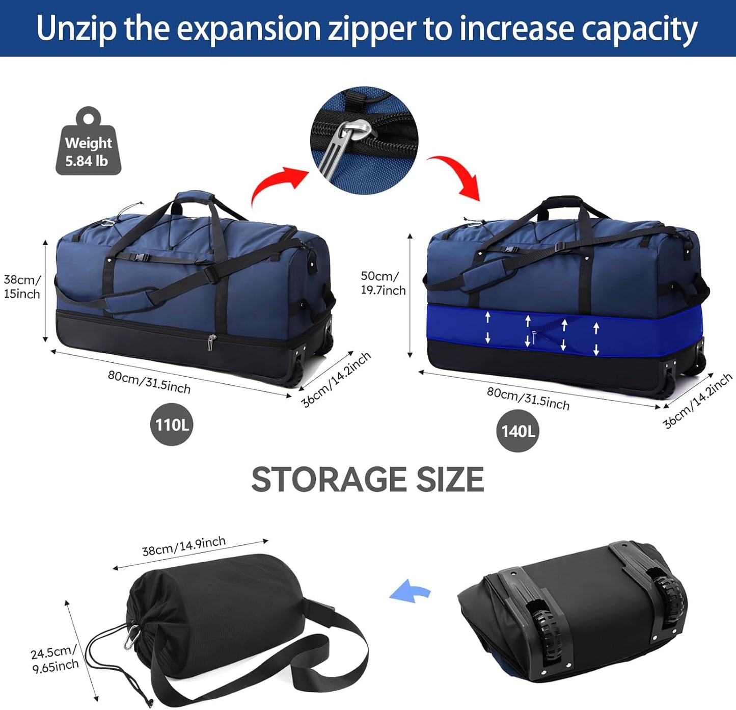 110L Expandable to 140L 32” Foldable Oxford Soft-Sided Rolling Duffle Bag with 2 Heavy-Duty Wheels,3 Large Compartments,Adjustable Shoulder Strap and Attached Organizer Pouch,Navy Blue