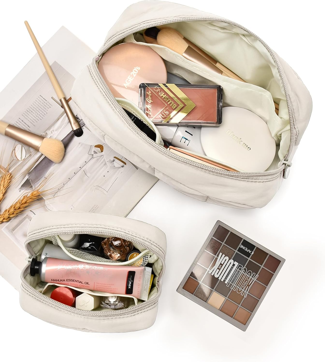 oscaurt 2 Pcs Makeup Bag Travel Toiletry Bag for Women Puffy Padded Cosmetic Pouch Purse Wide-open Makeup Organizer Case Travel Essentials