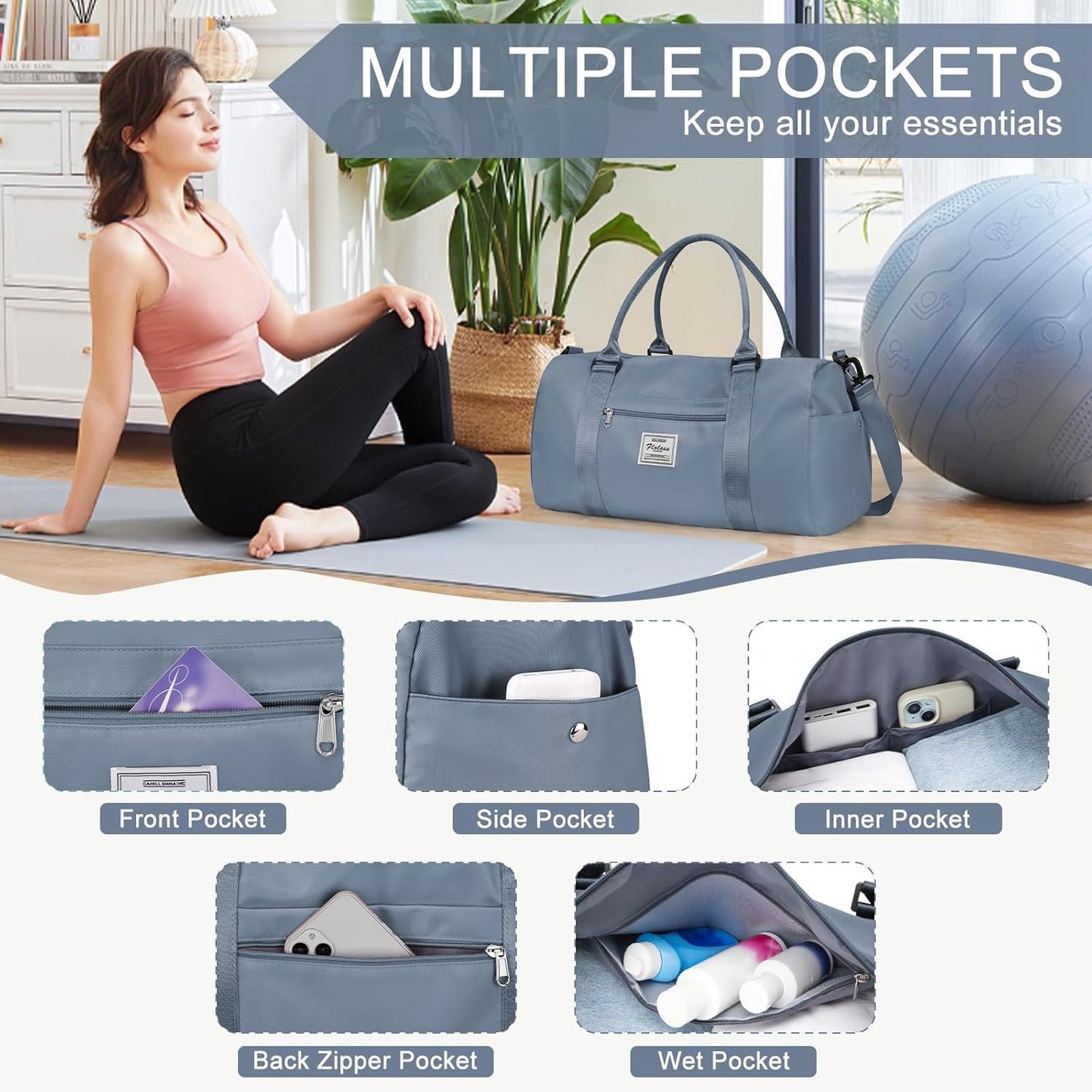 Gym Bag for Women Men with Shoes Compartment,Sports Duffle Bag Personal item travel Duffel Bags Tote Bag Small Carry on Weekender Overnight Bag Workout Dance Bag Hospital Holdalls Grey Blue