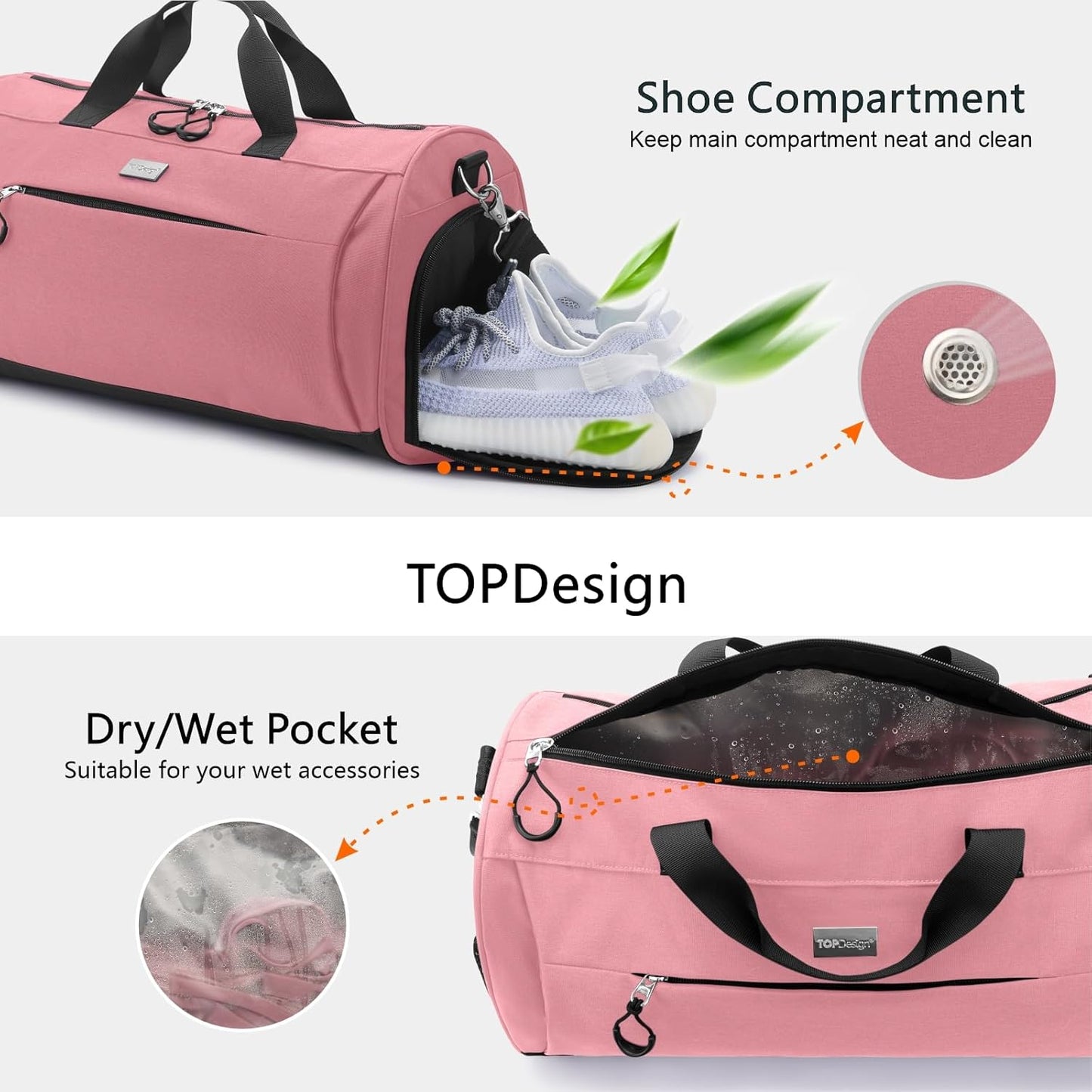TOPDesign Gym Bag for Women & Men, Unisex Duffel Bag with Shoe Compartment & Wet Pocket for Travel Sports Gym (L Pink)