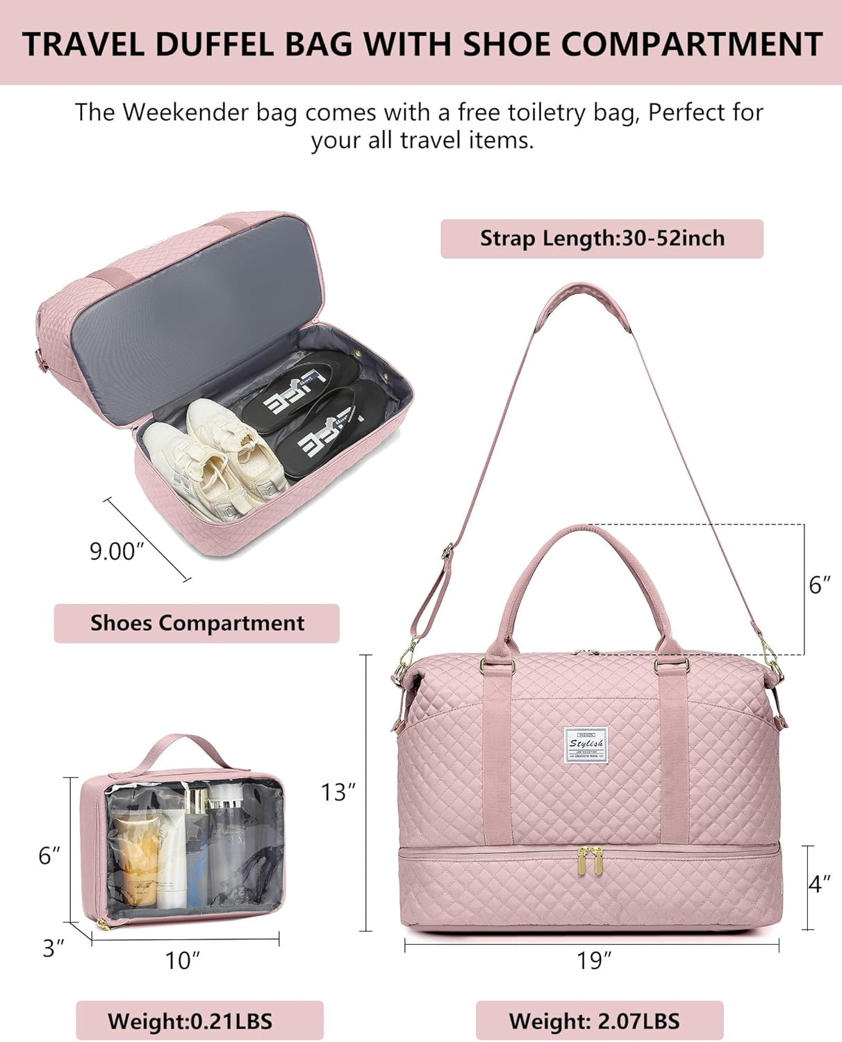 Weekender Duffle Bags for Women - Travel Duffel with Shoe Compartment, Carry On Overnight Bag, Gym Tote with Wet Pocket, Pink
