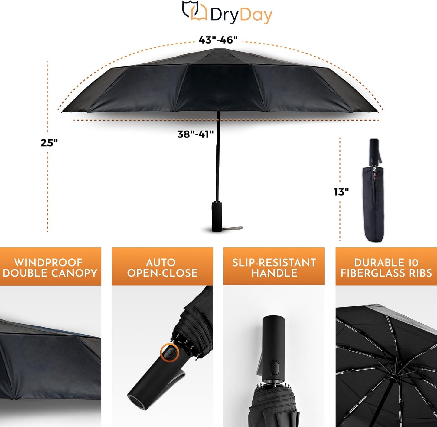 DryDay Travel Umbrellas for Rain - Large Windproof Double Canopy Umbrella, 10 Durable Ribs, Strong Frame, Auto Open Close Ergonomic Handle, Compact Waterproof Umbrella for Women & Men