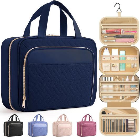 HOTOR Travel Toiletry Bag for Women & Men, Waterproof Makeup Bag with Hanging Hook and Multiple Pockets, Cosmetic Bags for Women, Travel Essentials, 11.2'' x 3.2'' x 8.9'', Dark Blue