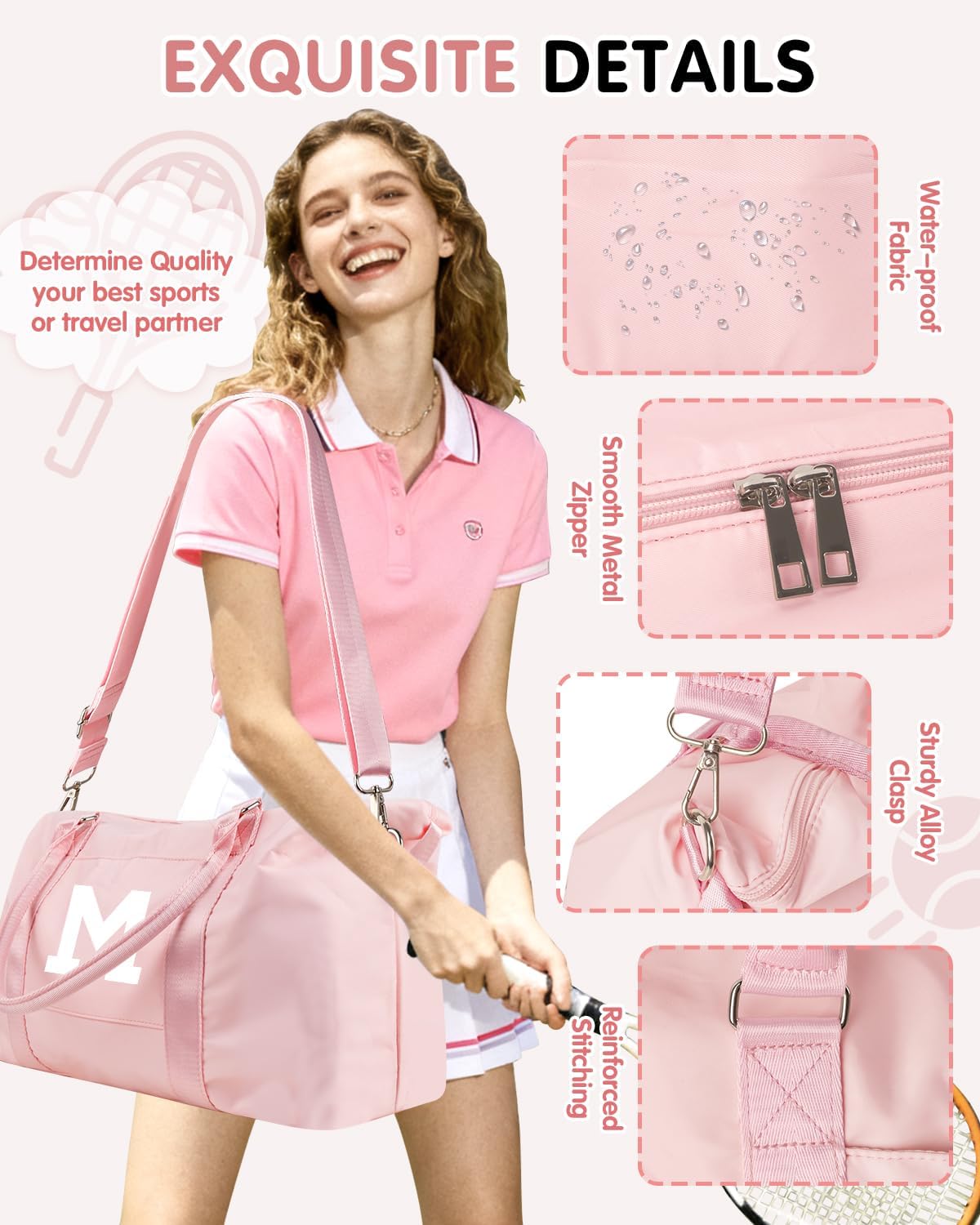 Initial Travel Duffel Bag Sports Gym Bag for Girls Teen Birthday Gifts,Pink Personalized Weekender Bag Carry On Tote Bags for Women Men,Waterproof Overnight Luggage Bag with Trolley Sleeve(Letter M)