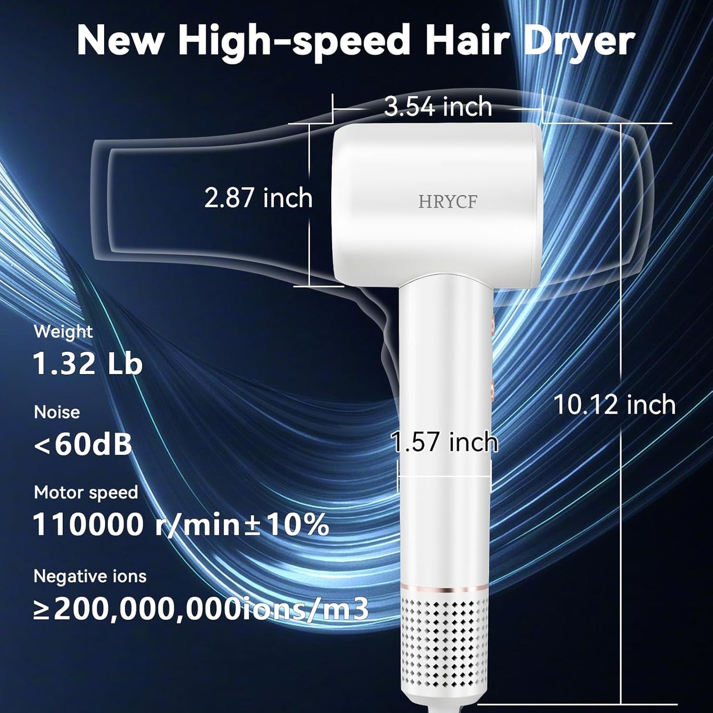 High Speed Hair Blow Dryer｜Professional Salon Grade Air Speed, Negative Ion Hair Care｜Quiet Design｜Suitable for Thick Hair/Styling with Nozzle & Diffuser, Long Motor Lifespan