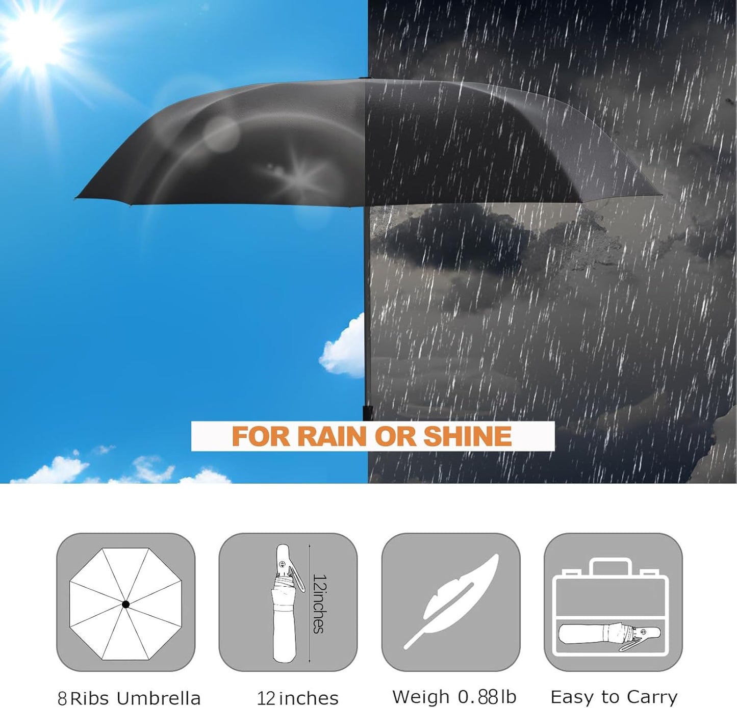 Small Compact Travel Automatic Folding Umbrella for Women, Portable Lightweight, Rain, Wind, UV Sun Shade