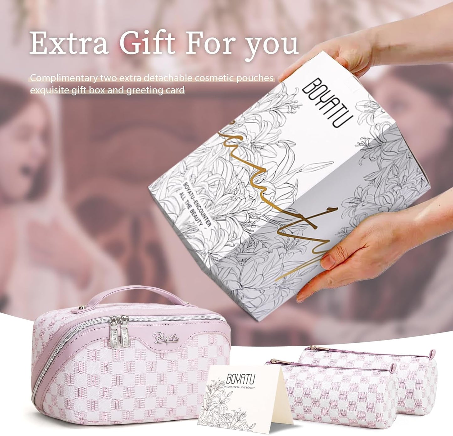 BOYATU Travel Makeup Bag Cosmetic Bags for Women: 3 Pcs Set Portable Make up Bag with Handle - Vegan Leather Toiletry Bags with Compartments - Makeup Organizer for Travel Essentials(C-5-Purple)