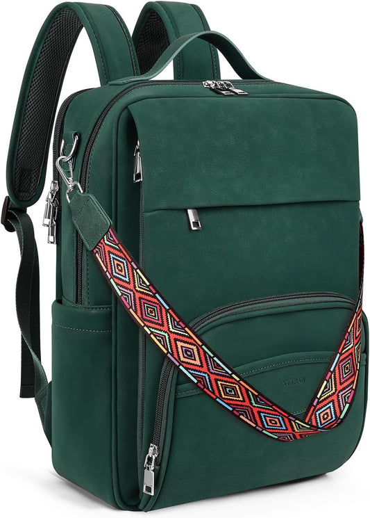 Leather Laptop Backpack, 15.6 Inch Business Computer Bag, Designer College Backpack Travel Backpack with Colorful Shoulder Bag Strap Green