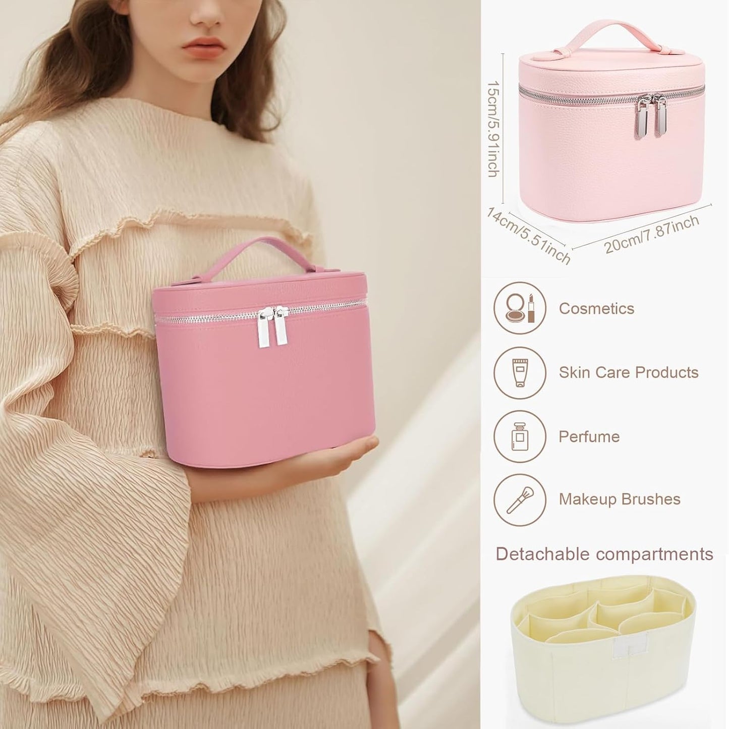 Leather Make Up Bags With Compartments, Pink Travel Cosmetic Bags for Women, Parallel Makeup Travel Bags Organizer Equipped With a Detachable Divider