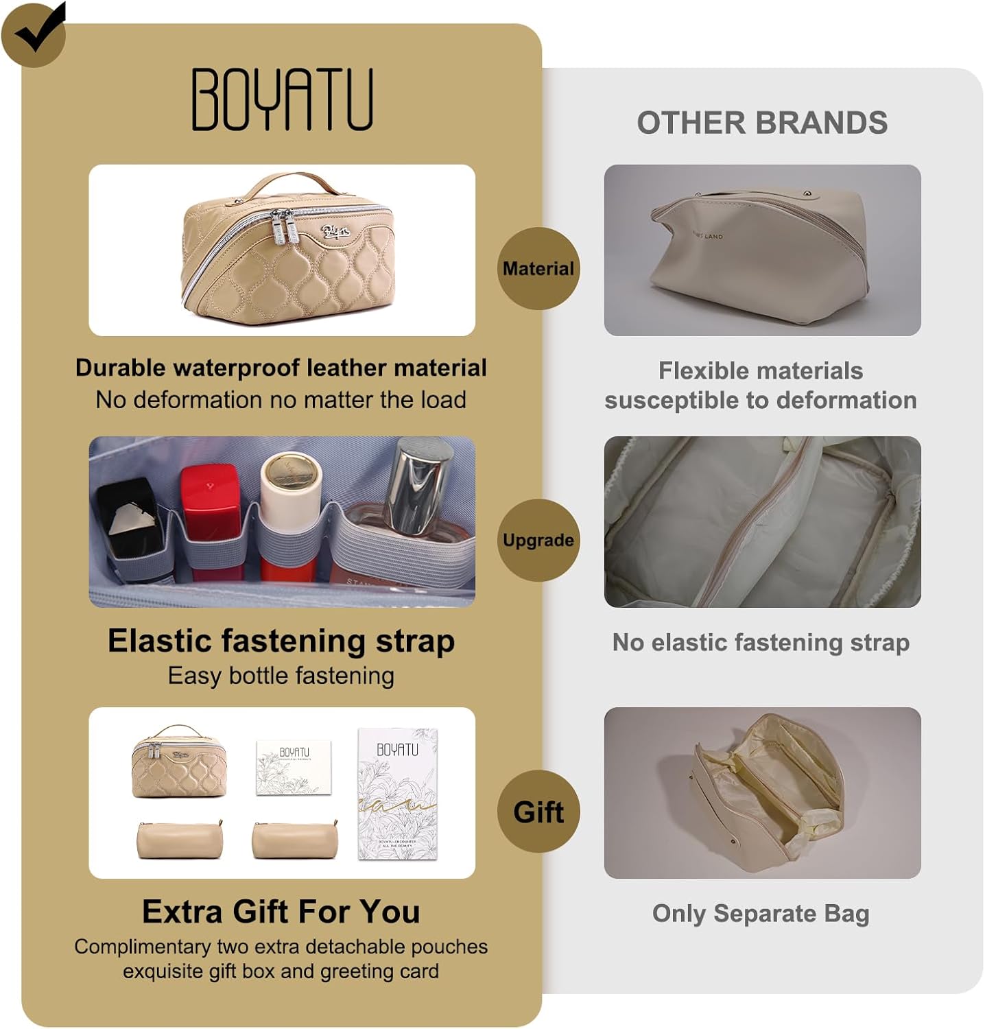 BOYATU Travel Makeup Bags for Women Cosmetic Bag: Puffy Make up Bags Set of 3 - Vegan Leather Makeup Organizer - Waterproof Large Toiletry Bag with Compartments - Travel Essentials (H-2-Khaki)