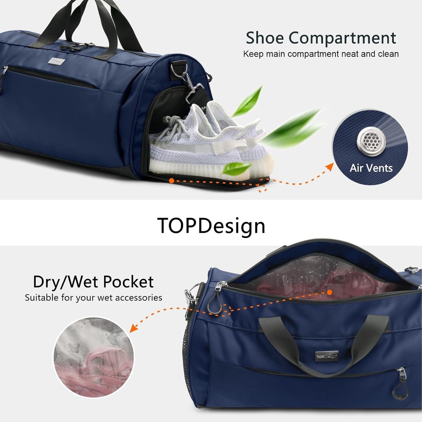 TOPDesign Gym Bag for Women & Men, Unisex Duffel Bag with Shoe Compartment & Wet Pocket for Travel Sports Gym (L Blue)