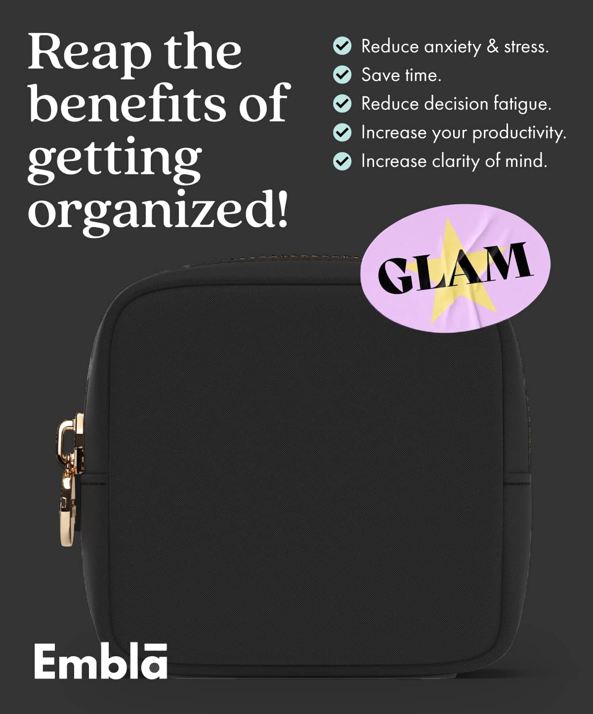 Embla Makeup Bag Travel Cosmetics Pouch and Toiletry Bag, Nylon Zipper Pouch Purse, Cute Make Up Organizer Storage Tote for Women Girls, Waterproof Travel Skincare Case, Small Makeup Bags, Black