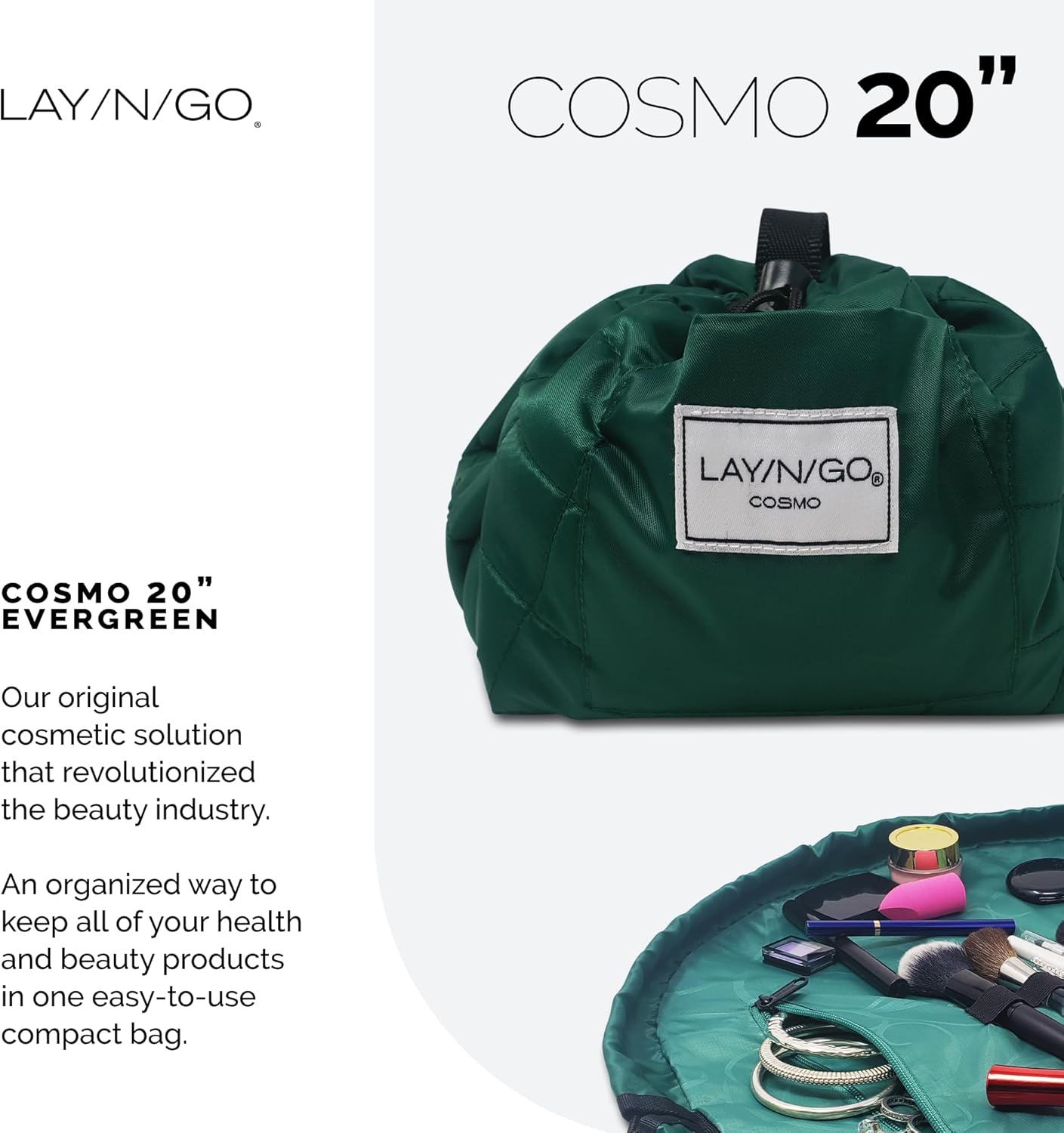 Lay-n-Go Cosmo Lay Flat Drawstring Cosmetic & Makeup Bag Organizer - Zipper Pocket, Brush Loops & More - Durable, Machine Washable Toiletry Carrier for Travel, Cinch Closure, Gift (20", Evergreen)