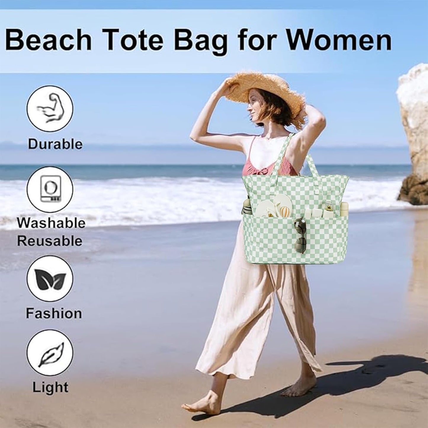 LEDAOU Large Beach Tote Bag Women Waterproof Sandproof Zipper Beach Tote Bag for Pool Gym Grocery Travel with Wet Pocket