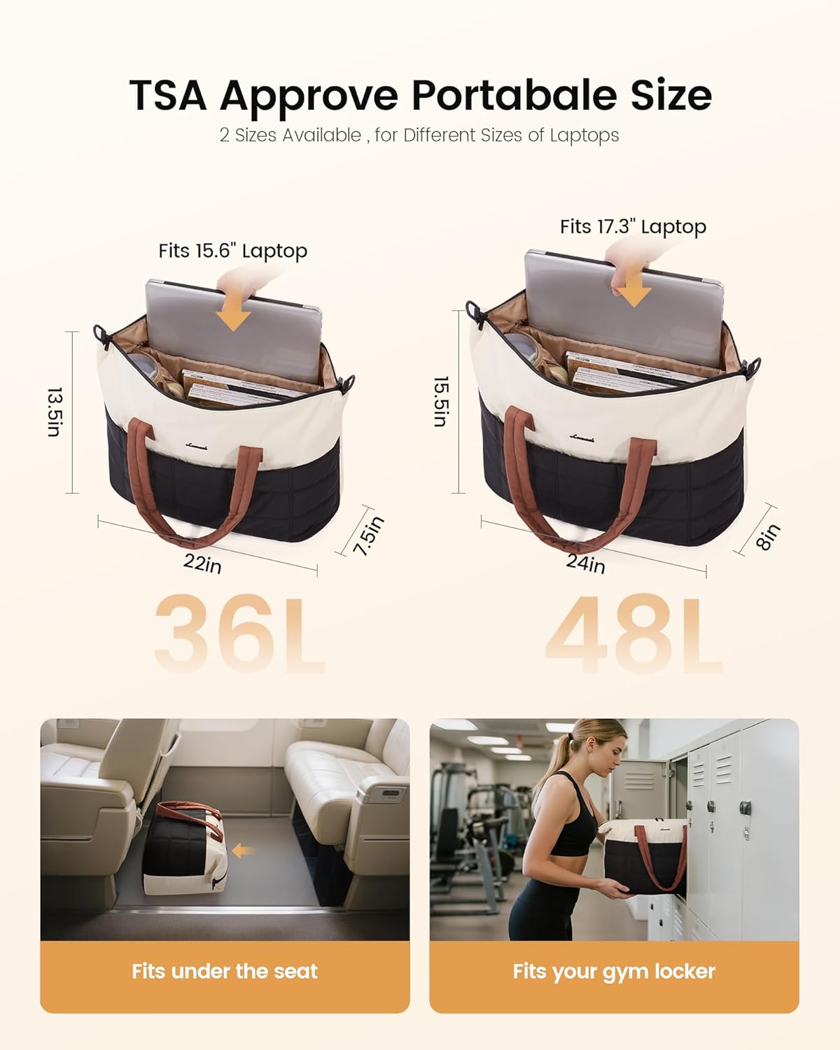 LOVEVOOK Quilted Duffle Bag for Travel,48L Gym Bag for Women with Wet Pocket,Water Resistant Weekender Overnight Bag Tote Bag for Women with Laptop Compartment(Black White Brown)