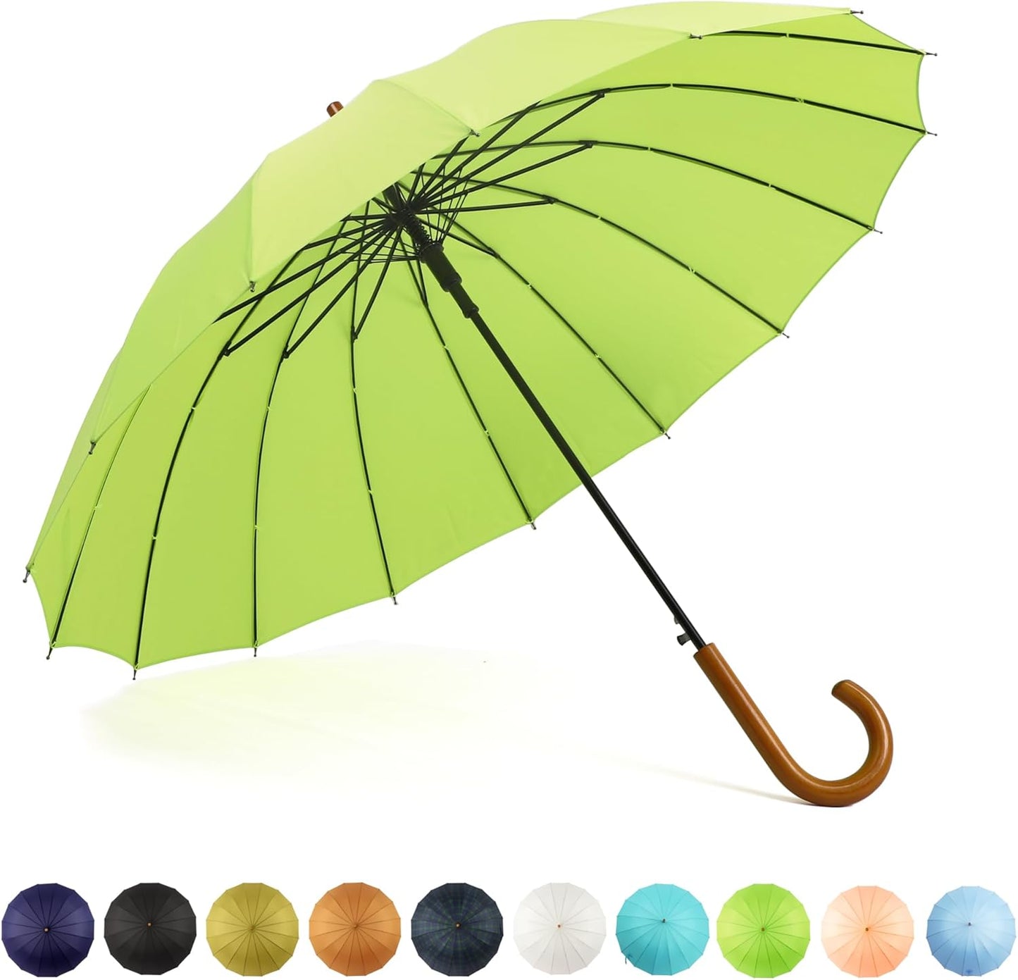 SoulRain 16 Ribs 48" Stick Umbrella Auto Open Solid Color Fashionable and Simple，Arc Classic Wood Handle，Windproof Unbreakable Stick Rain Umbrella
