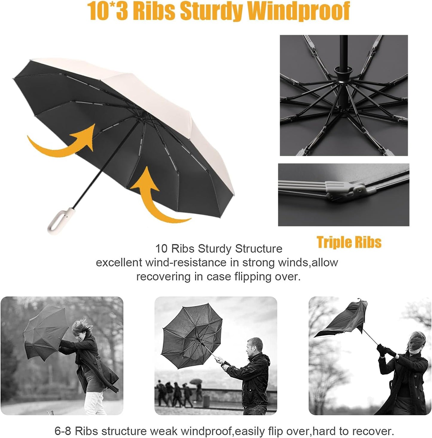 Travel Folding Golf Umbrella 10 Ribs Automatic Open/Close,Lightweight Compact Portable Backpack Car Parasol Outdoor,Sun/Rain,Anti 99 UV Protection UPF 50,Men Women Carabiner Handle Design