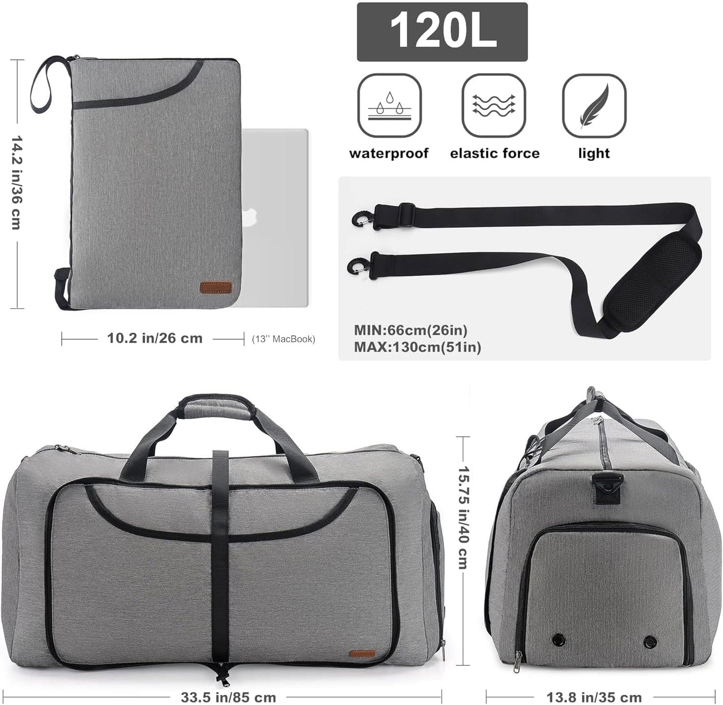 120L Duffle Bag for Travel, Large Foldable Waterproof Travel Duffel Bags Weekender Overnight Bag for Men and Women with Shoe Compartment (Gray)