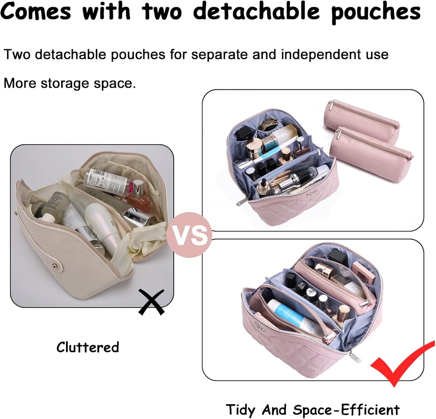 BOYATU Travel Makeup Bags for Women Cosmetic Bag: Puffy Make up Bags Set of 3 - Vegan Leather Makeup Organizer - Waterproof Large Toiletry Bag with Compartments - Travel Essentials (H-3-Pink)