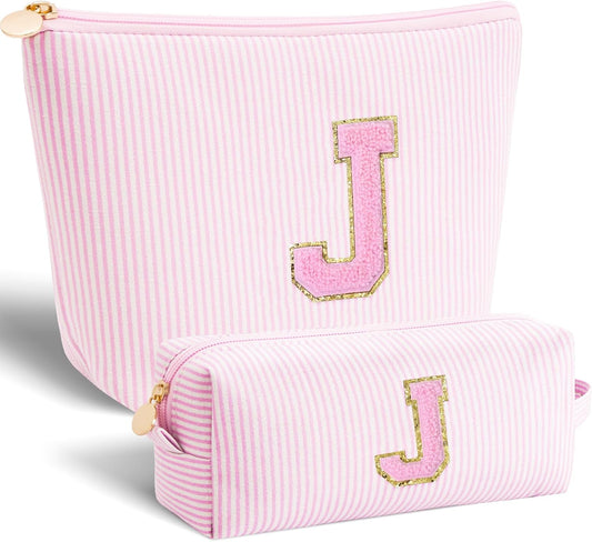 Monogrammed Gifts for Women - Cosmetic Bag for Teen,Initial Cute Makeup Bag Set for Women,Trendy Pouch for Niece Sister Friend Female Her,Birthday Gifts for Daughter - Pink,J