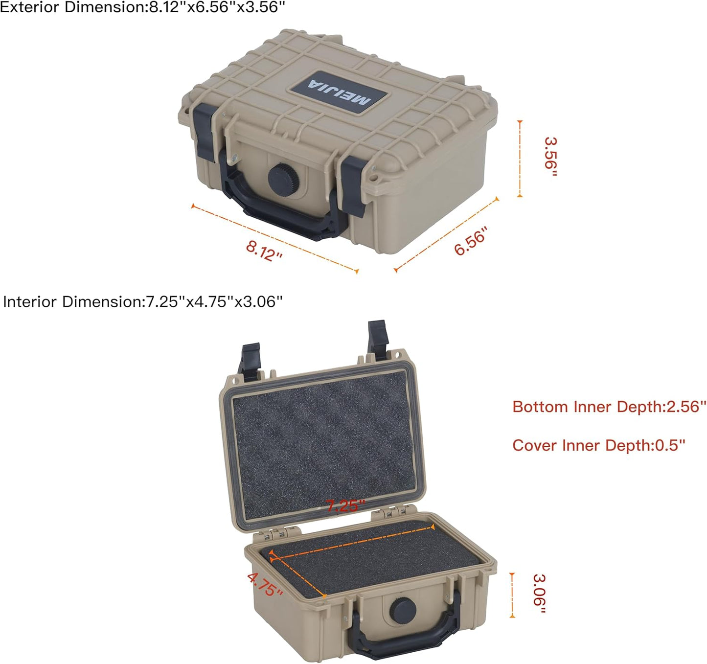MEIJIA IP67 waterproof hard compact case,Customizable Fit Foam,8.12”x6.56”x 3.56”,Fit Use of Drones, Cameras,Equipments,lens (Desert Tan)