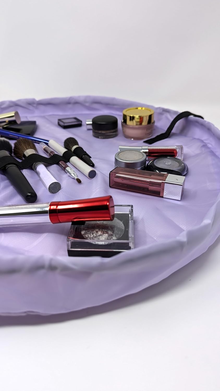 Lay-n-Go Cosmo Layflat Drawstring Cosmetic & Makeup Bag Organizer - Portable Drawstring Bag w/Zipper Pocket, Makeup Loops & More - Durable, Machine Washable Toiletry Bag for Travel (20", Quilted)