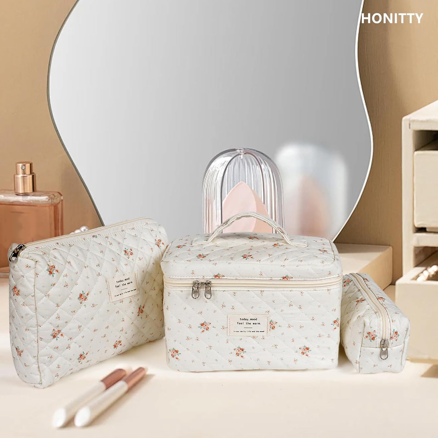 Makeup Bag,Quilted Cosmetic Bags,Large Floral Make Up Organize bag,Makeup Bag Set for Women,Flower Travel Toiletry Bag