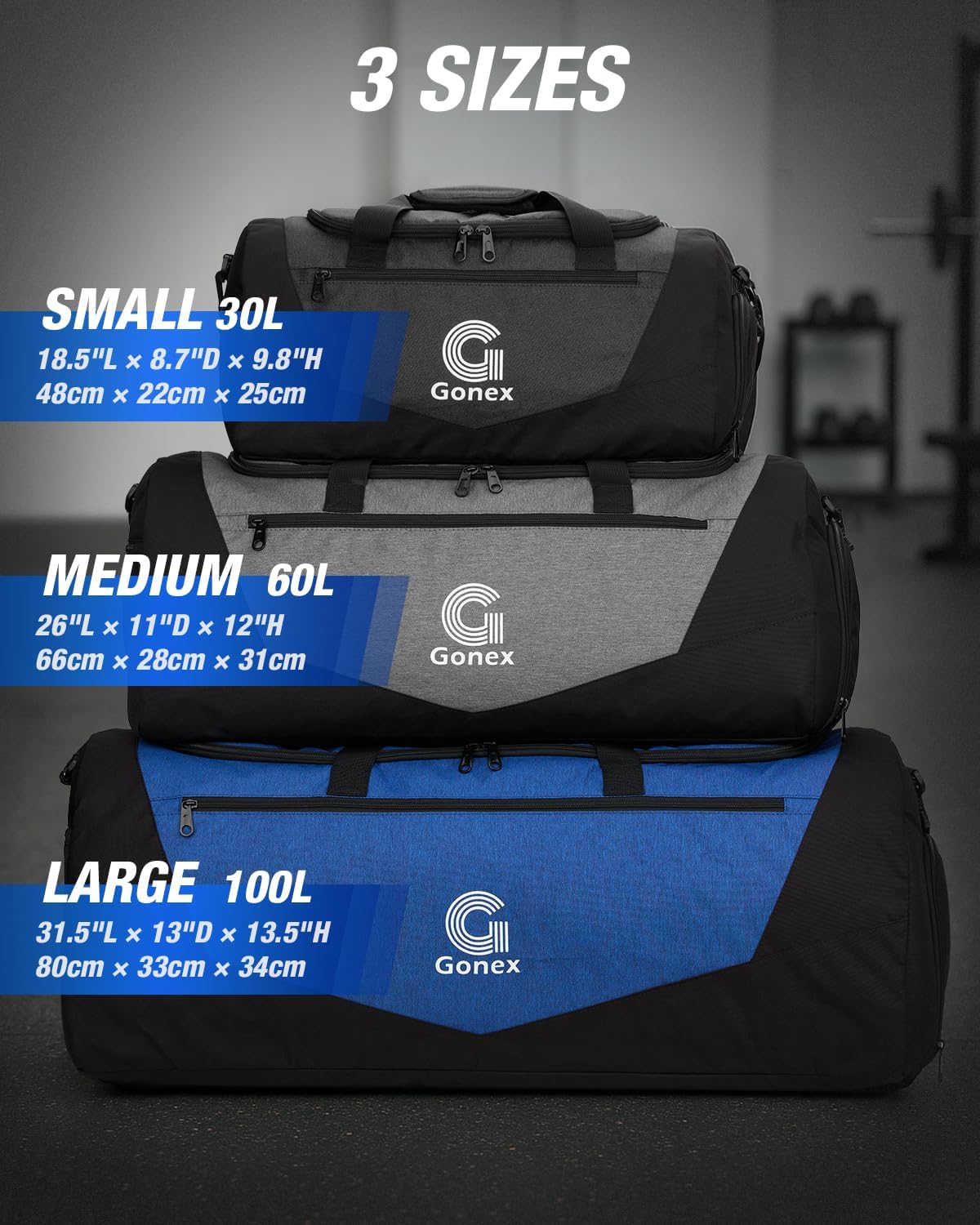 Gonex Gym Duffel Bag with Shoe Compartment Wet Pocket, Large Capacity Sports Duffle Bag for Men Women, Workout & Travel Bag with Multiple Pockets, Black, Medium (60L)