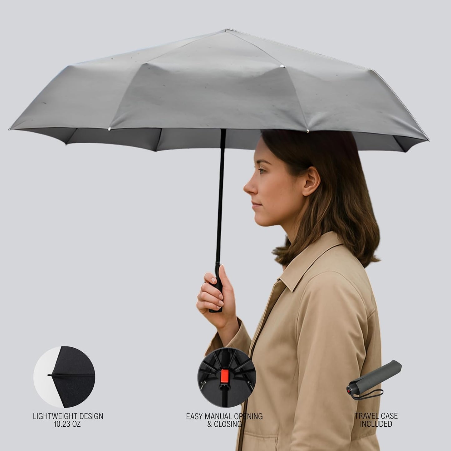 Knirps A.050 Dark Grey Manual Open Close Travel Rain Umbrella for Adults – Ultra Lightweight, Compact Windproof 38.5" Water Resistant Canopy, Steel Aluminum Frame, Travel Case Included