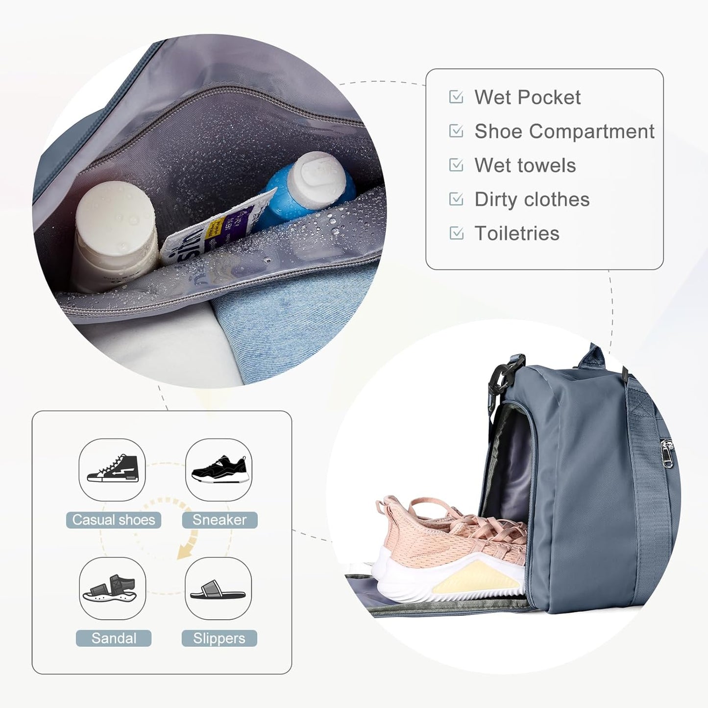 Gym Bag for Women with Shoes Compartment Small Duffel Bag Sport bag with Toiletry Bag Overnight Travel Tote Bags Weekender Carry on Bag Personal Item Bags for Airlines Grey Blue