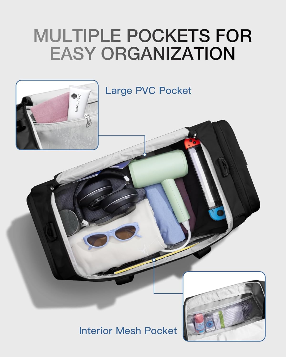 Gym Bag for Men Women, 46L Travel duffel Bag with Shoes Compartment, Weekender Overnight Bag with Wet Pocket, Carry On Bag for Workout Football