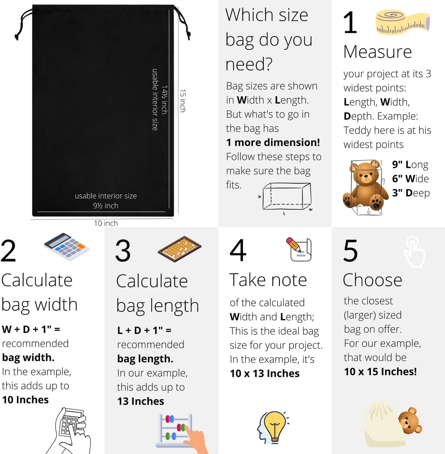 Premium Microfiber Drawstring Bags (Set of 5) – Multipurpose Travel Storage Pouches for Cords, Toiletries, Jewelry, Shoes – Durable Organizer with Strong Drawstring Closure (Black, 10 x 15 Inches)