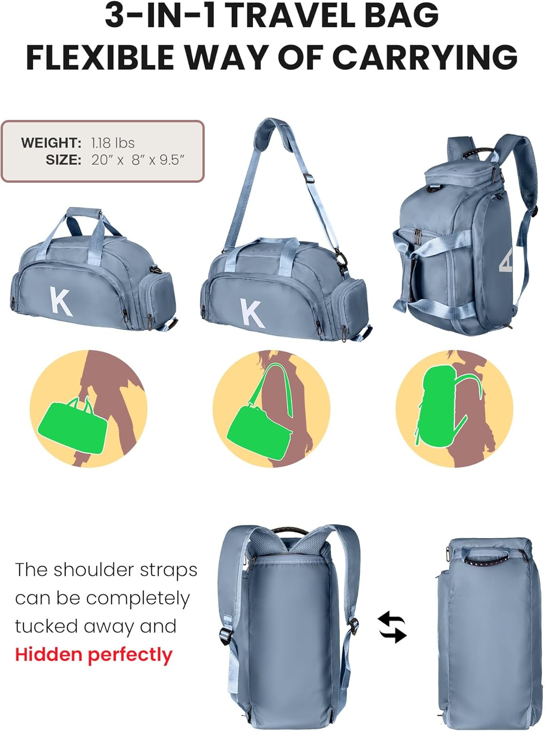 Birthday Gifts for 3 4 5 6 7 8 9 10 11 12 13 Year Olds Kids, Initial Gym Bags with Shoe Compartment, Dance Bag for Girls, Kid Overnight Bags, Small Travel Duffle Tote (Letter K)