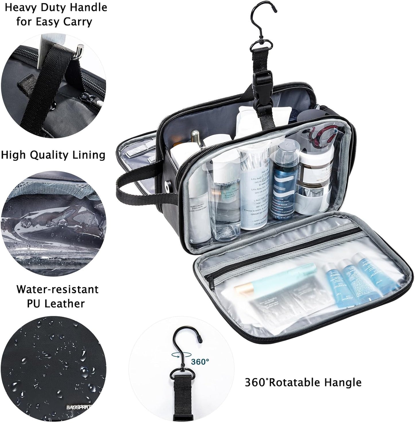 BAGSPRITE Large Toiletry Bag for Men, Women Travel Bag with Hanging Hook, Water-resistant Makeup Cosmetic Bag Shaving Kit Organizer, Bathroom Bag for Traveling