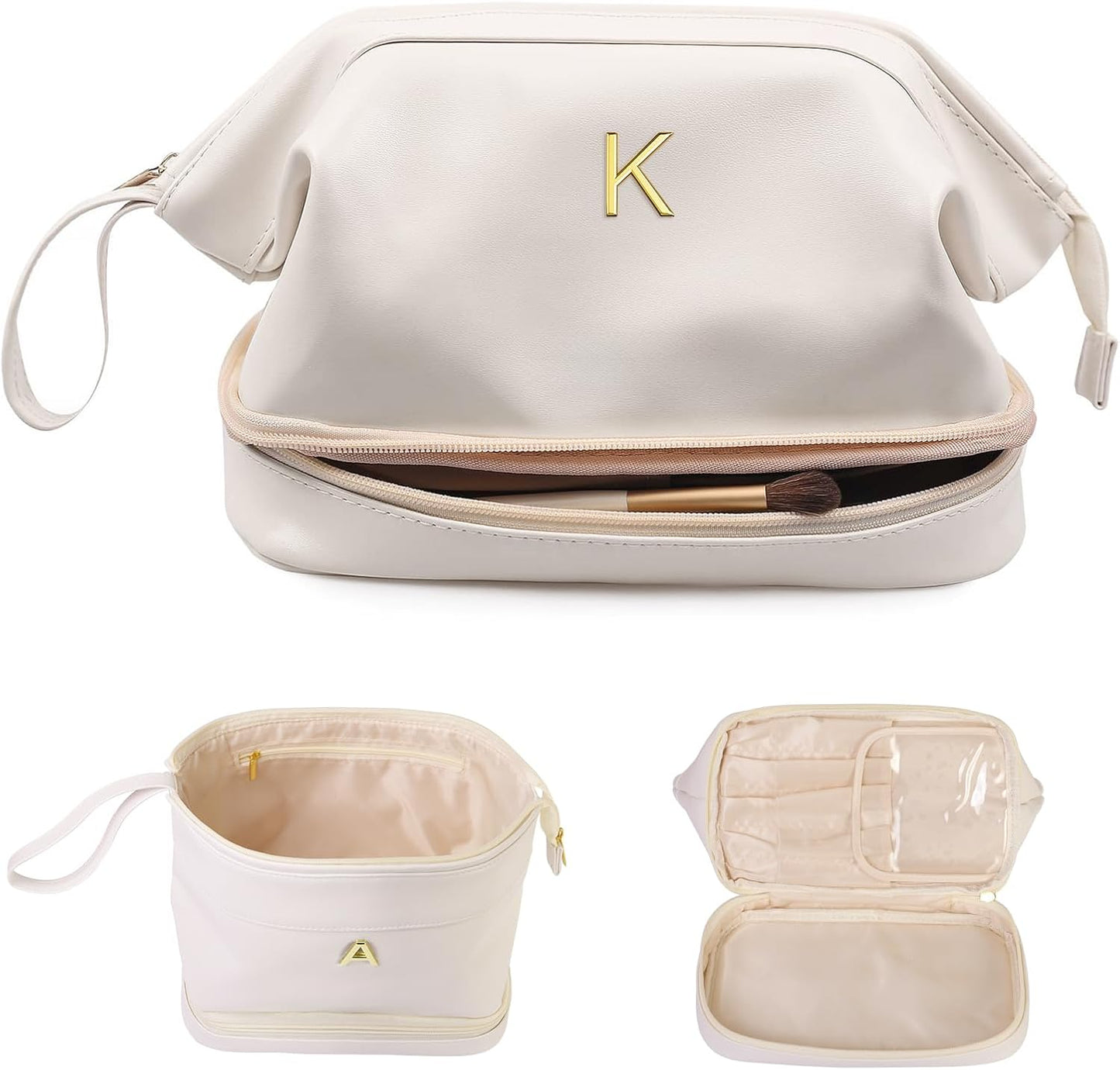 Women Birthday Gifts, Initial Large Makeup Bag, College Essentials for Girls Cosmetic Bag with Makeup Brush Organizer, Birthday Gift for Women/Girl Bridesmaids Gift Cute Stuff for Girls