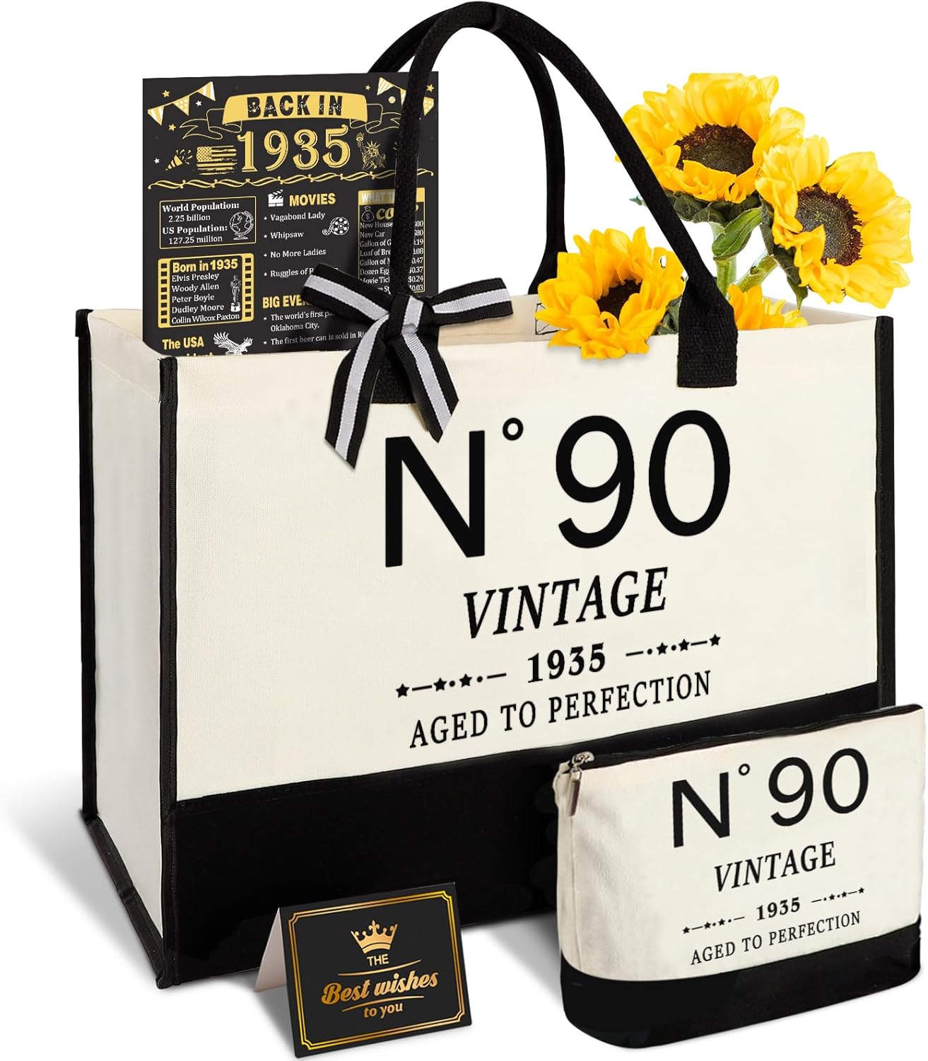 90th Birthday Gifts for Women Canvas Tote Bag Travel Gear, Unique 90 Years Old Gifts for Wife Sister Mom Aunt Friends Her, Vintage N°90 Handbag & Cosmetic Bag & Back in 1935 Poster