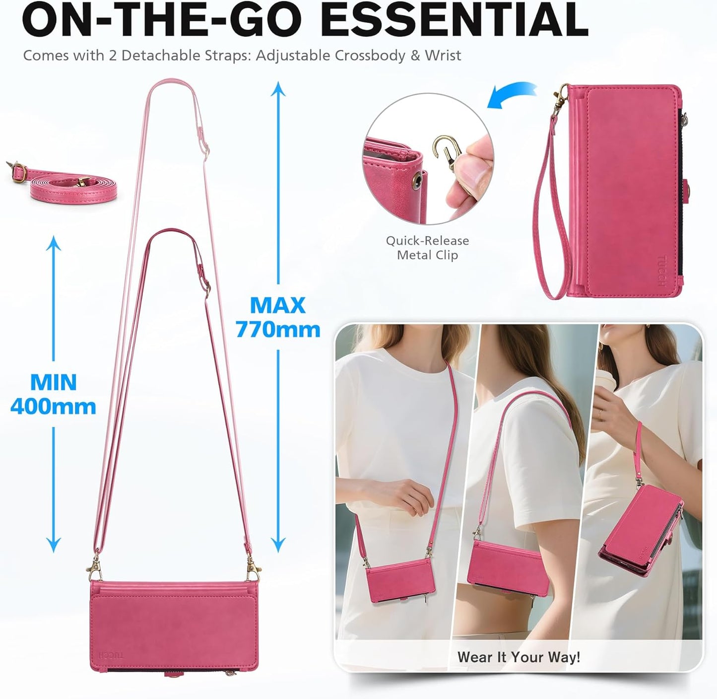 TUCCH Detachable Crossbody Case Wallet for iPhone 17 Pro 6.3", Wireless Charging | RFID Blocking 9 Card Holders | Lanyard | Wrist Strap | Stand | Zipper Pocket | PU Leather | Magnetic Cover | Hot Pink