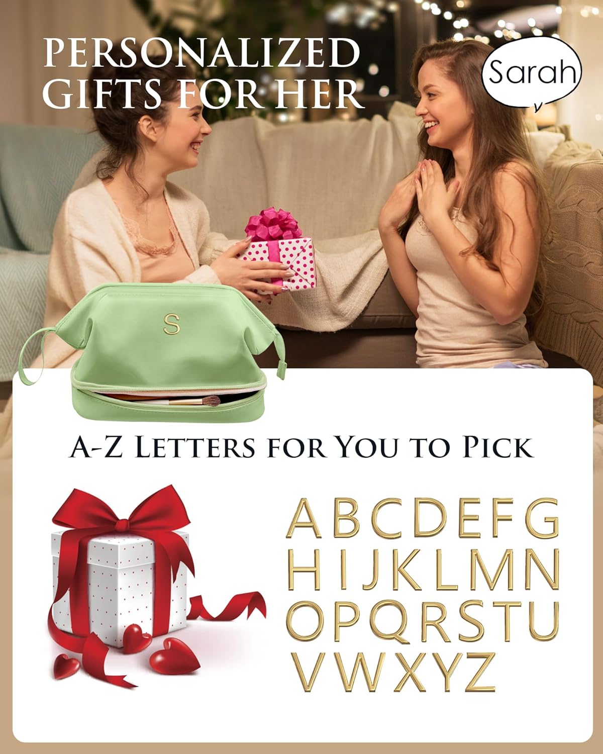 Gifts for Co Workers Female, Initial Large Makeup Bag, Bride To Be Gifts, Double Layer Cosmetic Bag, Waterproof PU Travel Toiletry Bag for Bachelorette Party Women Wedding Bridal, Bride Gifts