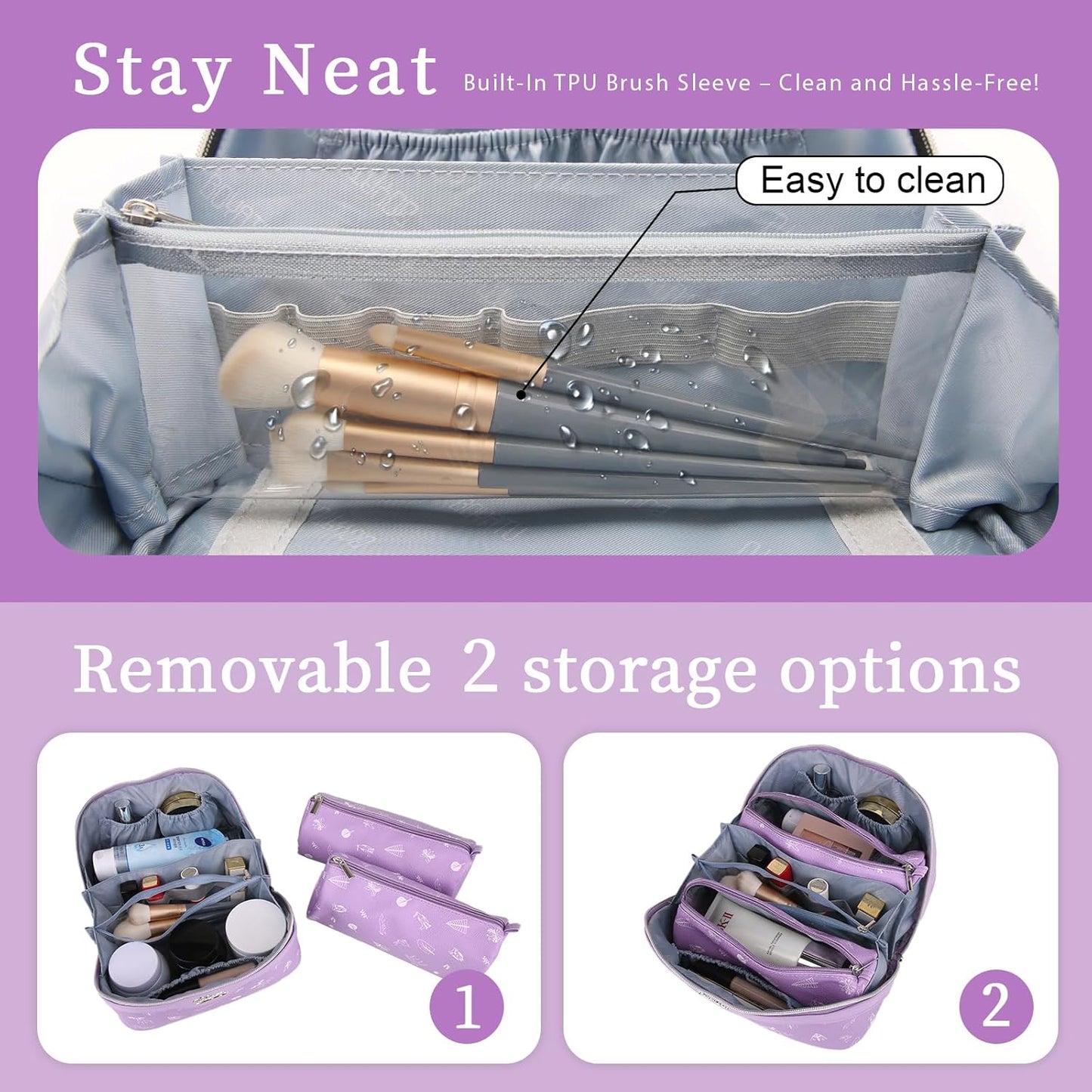 BOYATU Travel Makeup Bag Cosmetic Bags for Women: 3 Pcs Set Portable Make up Bag with Handle - Vegan Leather Toiletry Bags with Compartments - Makeup Organizer for Travel Essentials(L-3-Lilac)