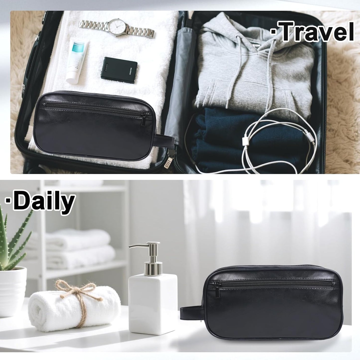 Mens travel toiletry bag, Gift For Men，PU Leather Water Resistant Cosmetic Bag Dopp Kit Shaving Pouch with Large Capacity for Toiletries Accessories(Black)