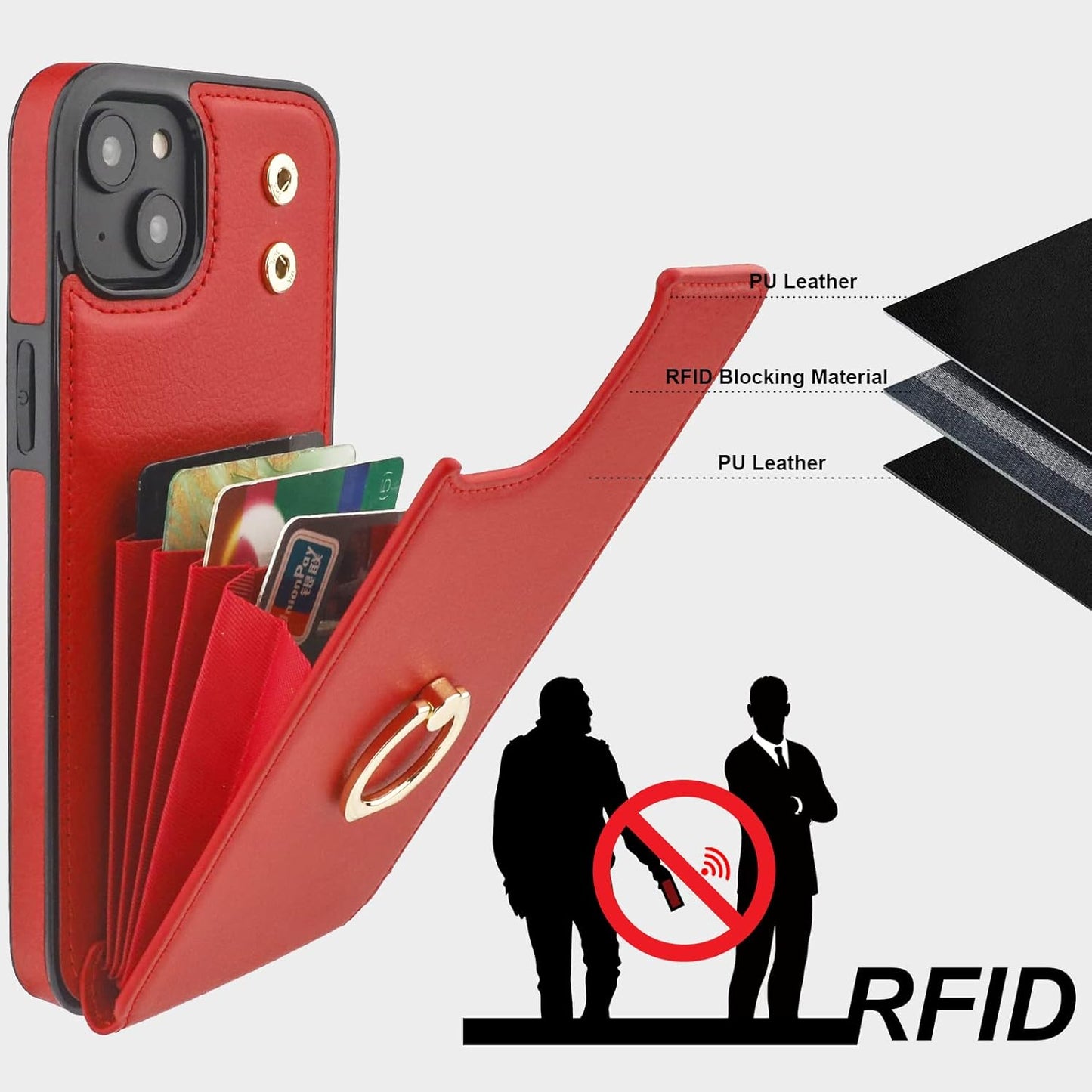 Folosu Compatible with iPhone 14 Plus Case Wallet with Card Holder, 360°Rotation Finger Ring Holder Kickstand, RFID Blocking Leather Protective Double Buttons Shockproof Cover 6.7 Inch Red