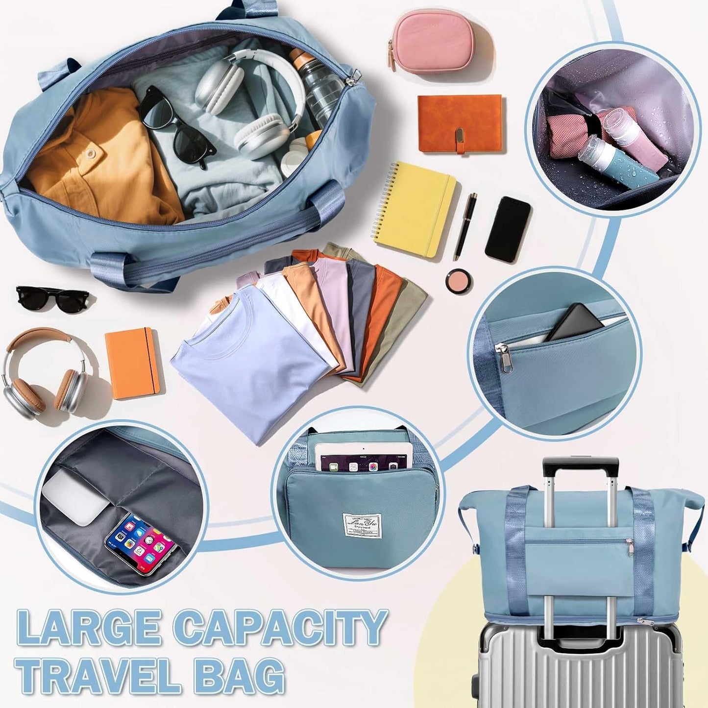 Ranslen Large Capacity Folding Travel Bag,Expansion Travel Duffel Bag with Dry and Wet Separation Portable Travel Duffel Bag