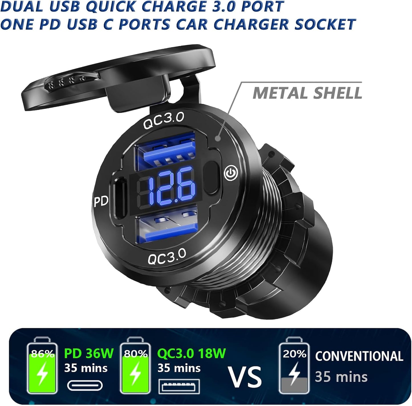 12V USB Outlet, VANONE Aluminum Alloy Dual 18W QC3.0 Ports & 36W PD USB Charging Port 12 Volt Outlet Charger Socket, Accessories for Car Boat Marine Motorcycle RV ATV Truck Golf Cart, etc