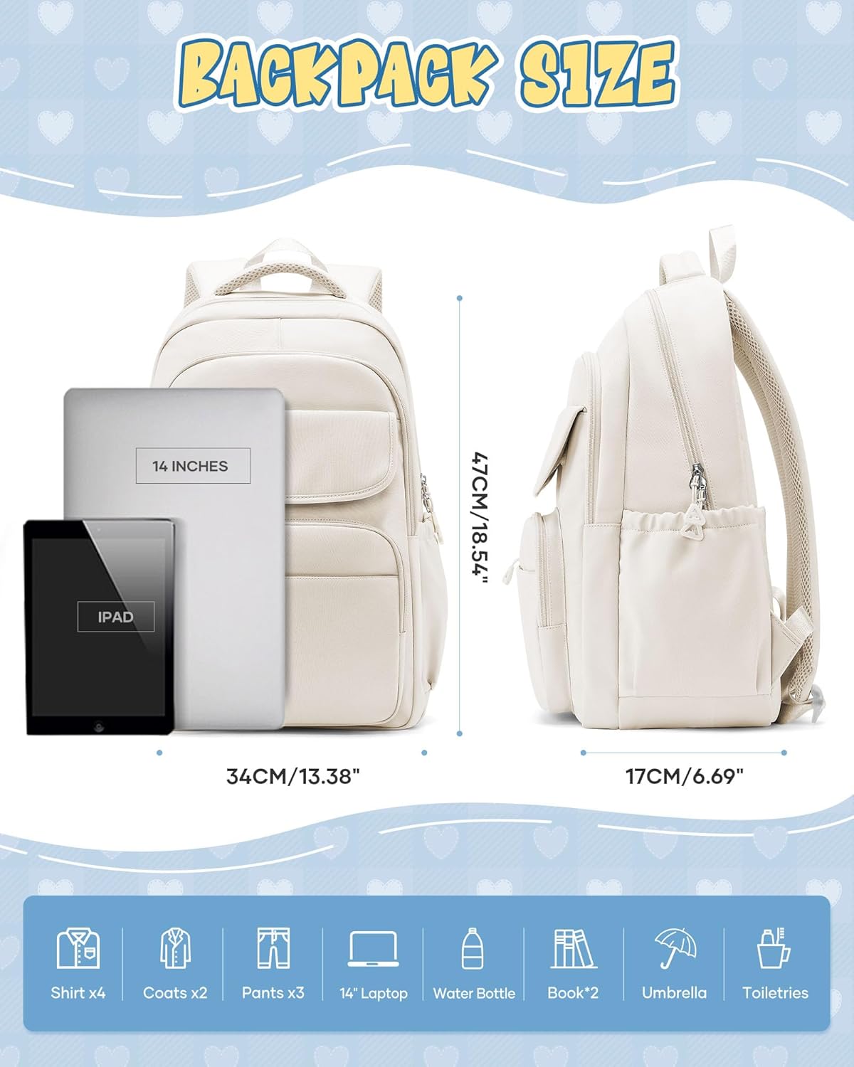 School Backpack for Women Men Cute Backpack for College Students Lightweight High School bag for Teens Girls Boys Waterproof Casual Daypacks Bookbag(Beige)